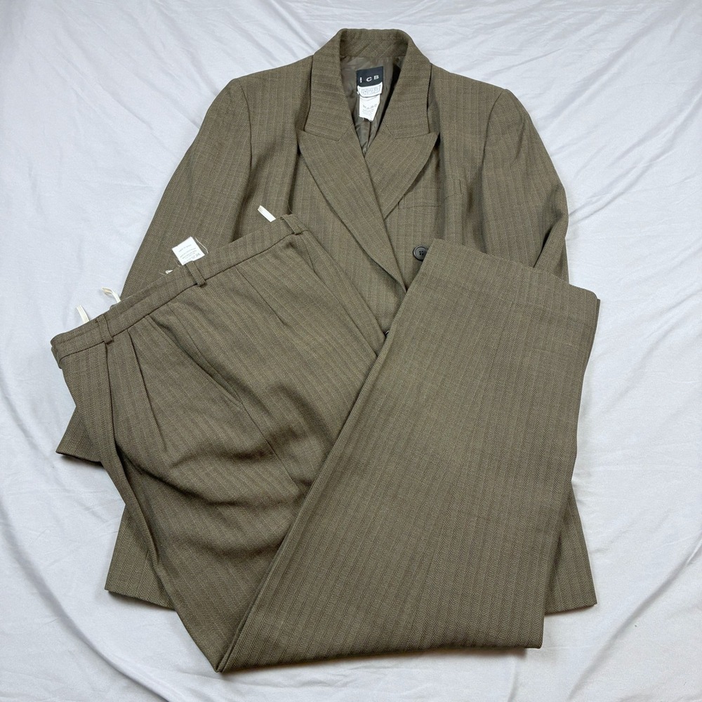 ICB Pant Suit Womens 8 Brown Herringbone Wool Double Breasted Bergdorf Goodman